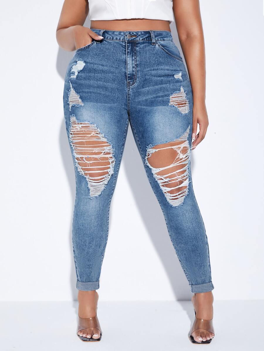 SHEIN Jeans ajustados desgarro - Azul lavado medio - Ver 1