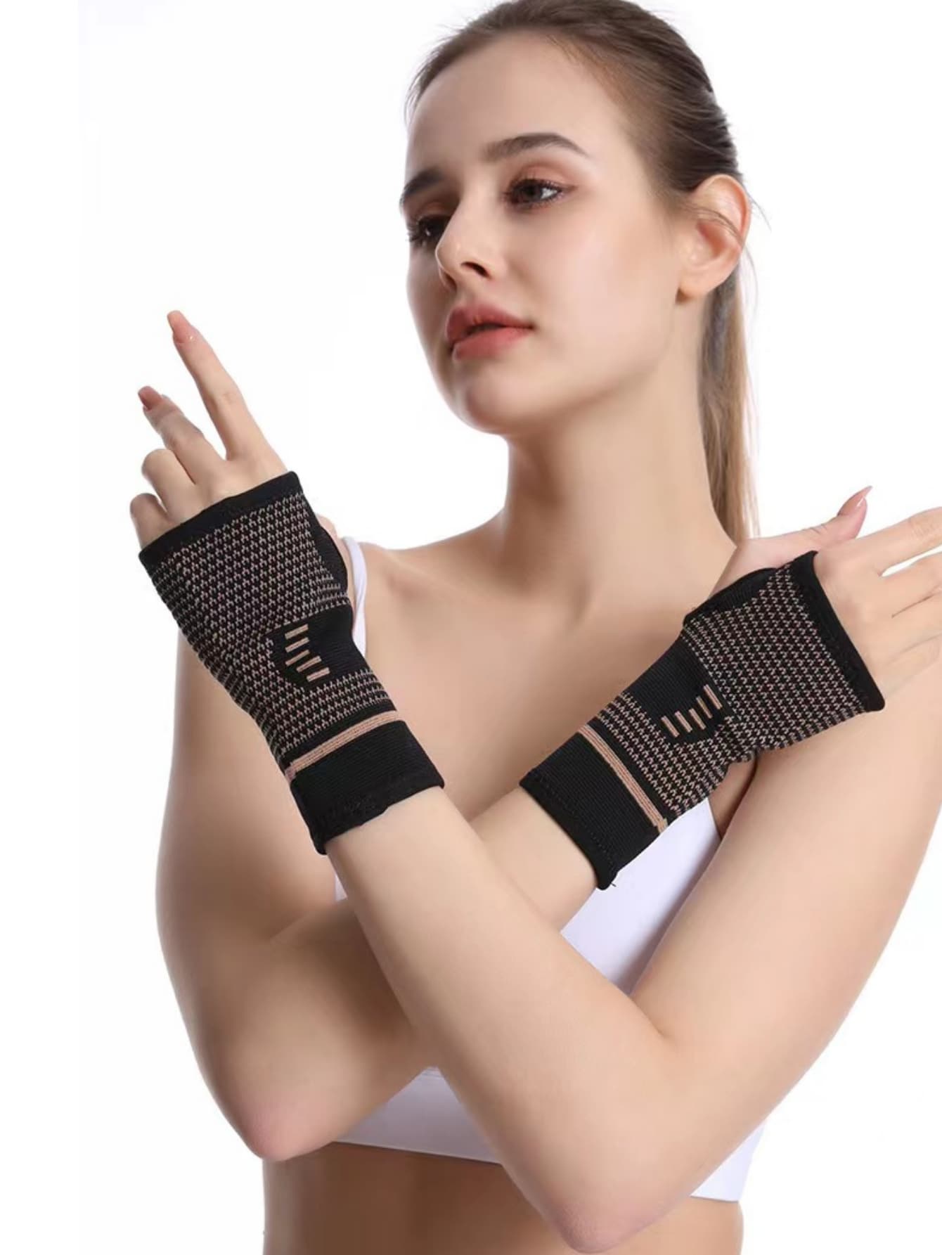 2pcs Striped Pattern Wrist Bracers - Black - View 1