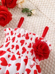 Baby Heart Print Ruffle Trim Floral Patched Cami Jumpsuit & Accessory Headband - Red and White - View 3