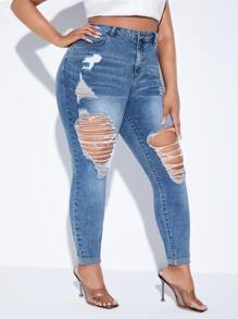 SHEIN Jeans ajustados desgarro - Azul lavado medio - Ver 3
