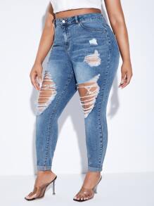 SHEIN Jeans ajustados desgarro - Azul lavado medio - Ver 4