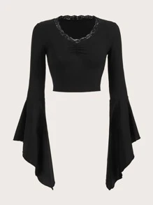 ROMWE Fairycore Contrast Lace Ruched Tee - Black - View 5