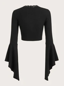 ROMWE Fairycore Contrast Lace Ruched Tee - Black - View 2