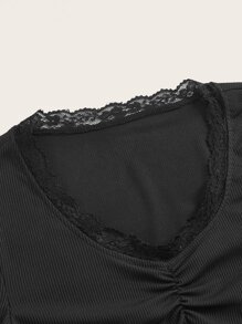 ROMWE Fairycore Contrast Lace Ruched Tee - Black - View 3