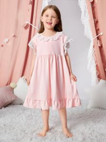 女孩蕾絲拼接荷葉邊睡裙