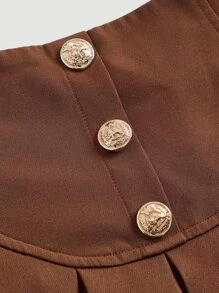 SHEIN MOD Button Front Pleated Skirt - Coffee Brown - View 3