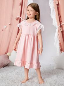 女孩蕾絲拼接荷葉邊睡裙