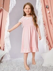 女孩蕾絲拼接荷葉邊睡裙