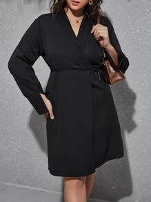 SHEIN Privé Plus Shawl Collar Belted Wrap Dress - Black - View 1