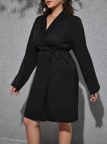 SHEIN Privé Plus Shawl Collar Belted Wrap Dress - Black - View 4
