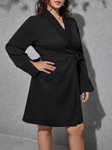 SHEIN Privé Plus Shawl Collar Belted Wrap Dress - Black - View 5