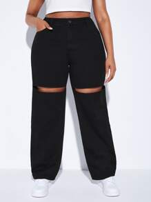 SHEIN Plus High Waist Cut Out Wide Leg Jeans - Black - View 1