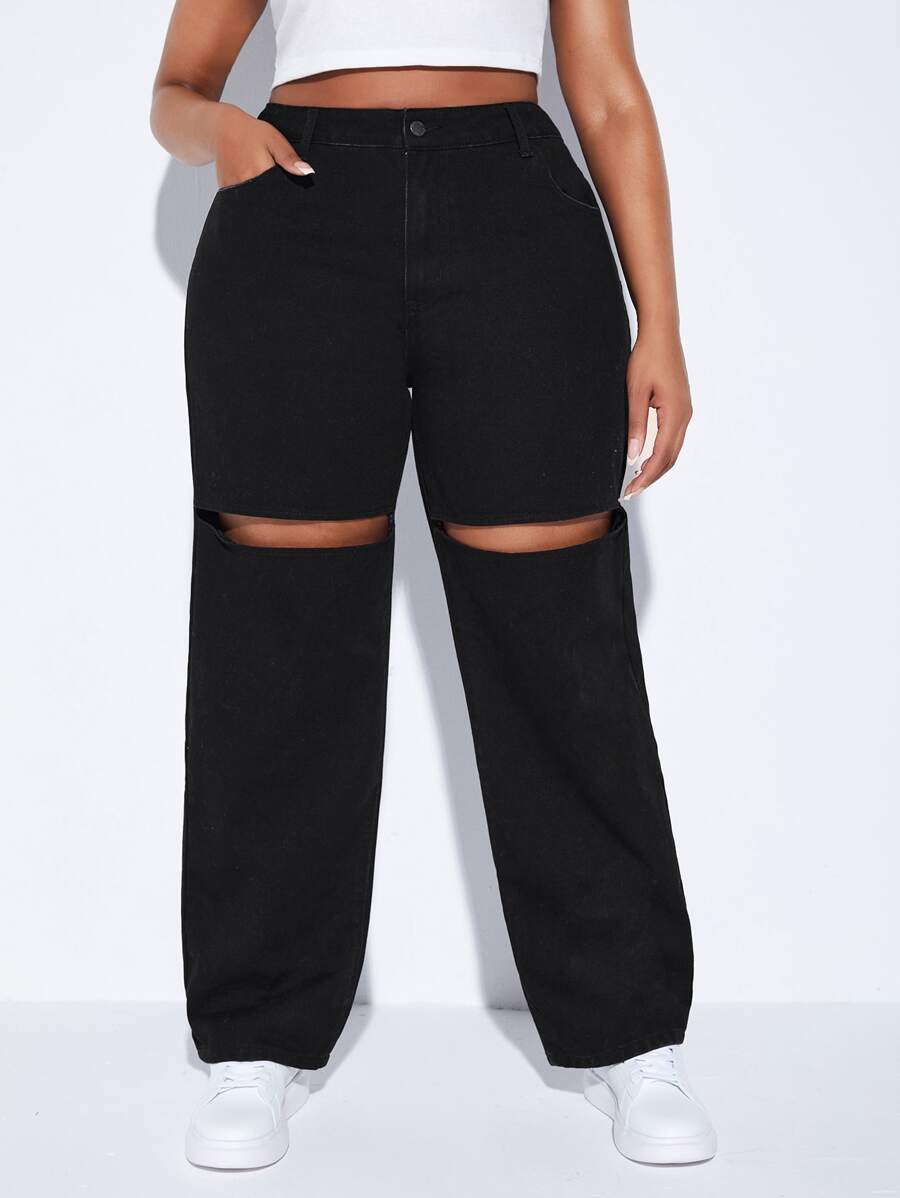 SHEIN Plus High Waist Cut Out Wide Leg Jeans - Black - View 1