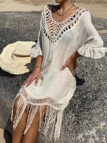 Crochet Insert Fringe Hem Cover Up - Apricot - View 3