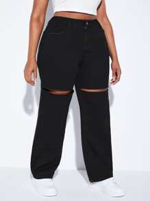 SHEIN Plus High Waist Cut Out Wide Leg Jeans - Black - View 3