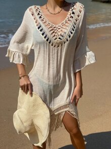 Crochet Insert Fringe Hem Cover Up - Apricot - View 4