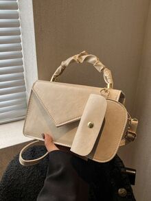 Ruched Detail Flap Square Bag With Purse - Beige - View 1