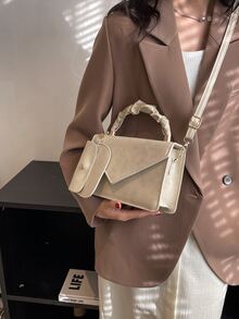 Ruched Detail Flap Square Bag With Purse - Beige - View 2