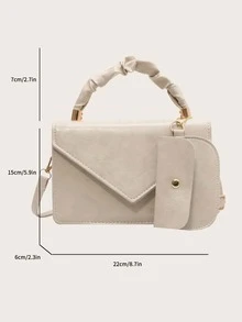 Ruched Detail Flap Square Bag With Purse - Beige - View 3