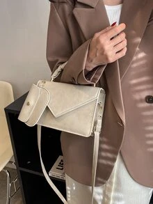 Ruched Detail Flap Square Bag With Purse - Beige - View 4