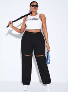 SHEIN Plus High Waist Cut Out Wide Leg Jeans - Black - View 5