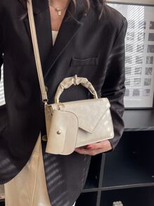 Ruched Detail Flap Square Bag With Purse - Beige - View 5
