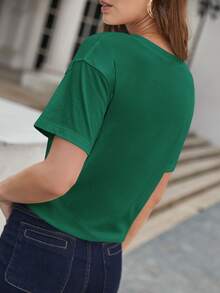 SHEIN Frenchy Cotton Letter Graphic Drop Shoulder Tee - Dark Green - View 3