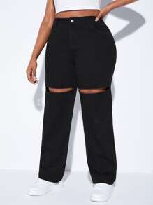 SHEIN Plus High Waist Cut Out Wide Leg Jeans - Black - View 6