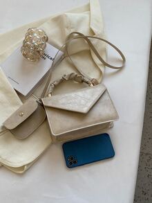 Ruched Detail Flap Square Bag With Purse - Beige - View 7