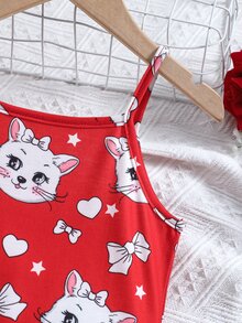 SHEIN 女小童紅色卡通貓可愛和簡約風細肩帶洋裝適合夏天
