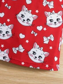 SHEIN 女小童紅色卡通貓可愛和簡約風細肩帶洋裝適合夏天