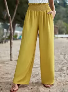 SHEIN VCAY Quần nữ Túi Dải chun Quần paper-bag màu trơn Giải trí - Màu Mù tạt vàng - Xem 1