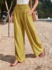 SHEIN VCAY Quần nữ Túi Dải chun Quần paper-bag màu trơn Giải trí - Màu Mù tạt vàng - Xem 3