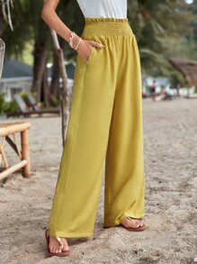 SHEIN VCAY Quần nữ Túi Dải chun Quần paper-bag màu trơn Giải trí - Màu Mù tạt vàng - Xem 5