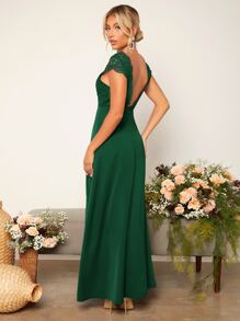 SHEIN Belle Váy phù dâu Lộ Lưng Tương phản ren Dây kéo Tách cao màu trơn - Màu xanh lá cây đậm - Xem 2