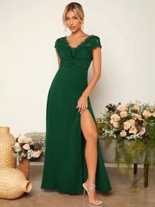 SHEIN Belle Váy phù dâu Lộ Lưng Tương phản ren Dây kéo Tách cao màu trơn - Màu xanh lá cây đậm - Xem 3