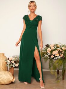 SHEIN Belle Váy phù dâu Lộ Lưng Tương phản ren Dây kéo Tách cao màu trơn - Màu xanh lá cây đậm - Xem 4