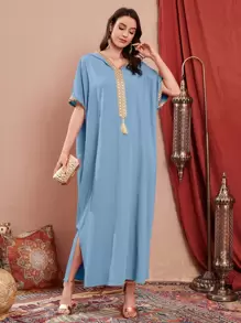 Al Najma Contrast Embroidered Trim Split Hem Kaftan - Baby Blue - View 1