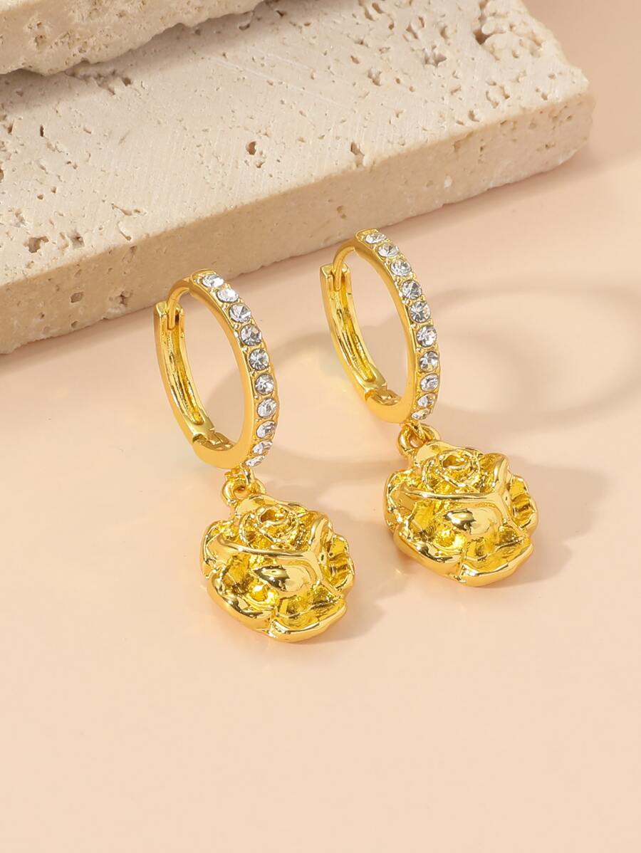 Rhinestone Decor Flower Drop Earrings - Yellow Gold - View 1