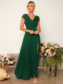 SHEIN Belle Váy phù dâu Lộ Lưng Tương phản ren Dây kéo Tách cao màu trơn - Màu xanh lá cây đậm - Xem 5