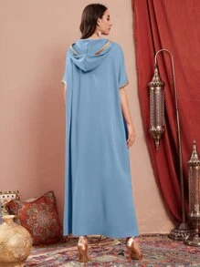 Al Najma Contrast Embroidered Trim Split Hem Kaftan - Baby Blue - View 2