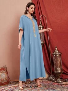 Al Najma Contrast Embroidered Trim Split Hem Kaftan - Baby Blue - View 3