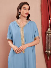 Al Najma Contrast Embroidered Trim Split Hem Kaftan - Baby Blue - View 5