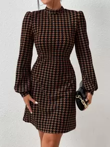 Firerie Houndstooth Print Mock Neck Lantern Sleeve Dress - Multicolor - View 1
