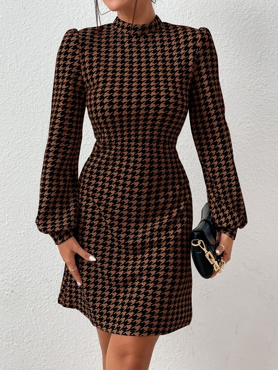 Firerie Houndstooth Print Mock Neck Lantern Sleeve Dress - Multicolor - View 1