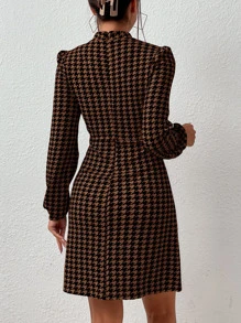 Firerie Houndstooth Print Mock Neck Lantern Sleeve Dress - Multicolor - View 2