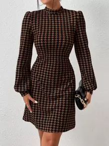 Firerie Houndstooth Print Mock Neck Lantern Sleeve Dress - Multicolor - View 3