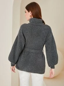 Mulvari 煙囪領燈籠袖腰帶套頭毛衣 - 深灰色 - 查看 2