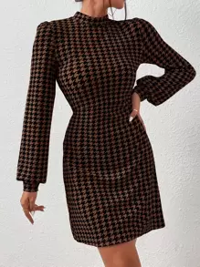 Firerie Houndstooth Print Mock Neck Lantern Sleeve Dress - Multicolor - View 4