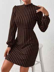 Firerie Houndstooth Print Mock Neck Lantern Sleeve Dress - Multicolor - View 5